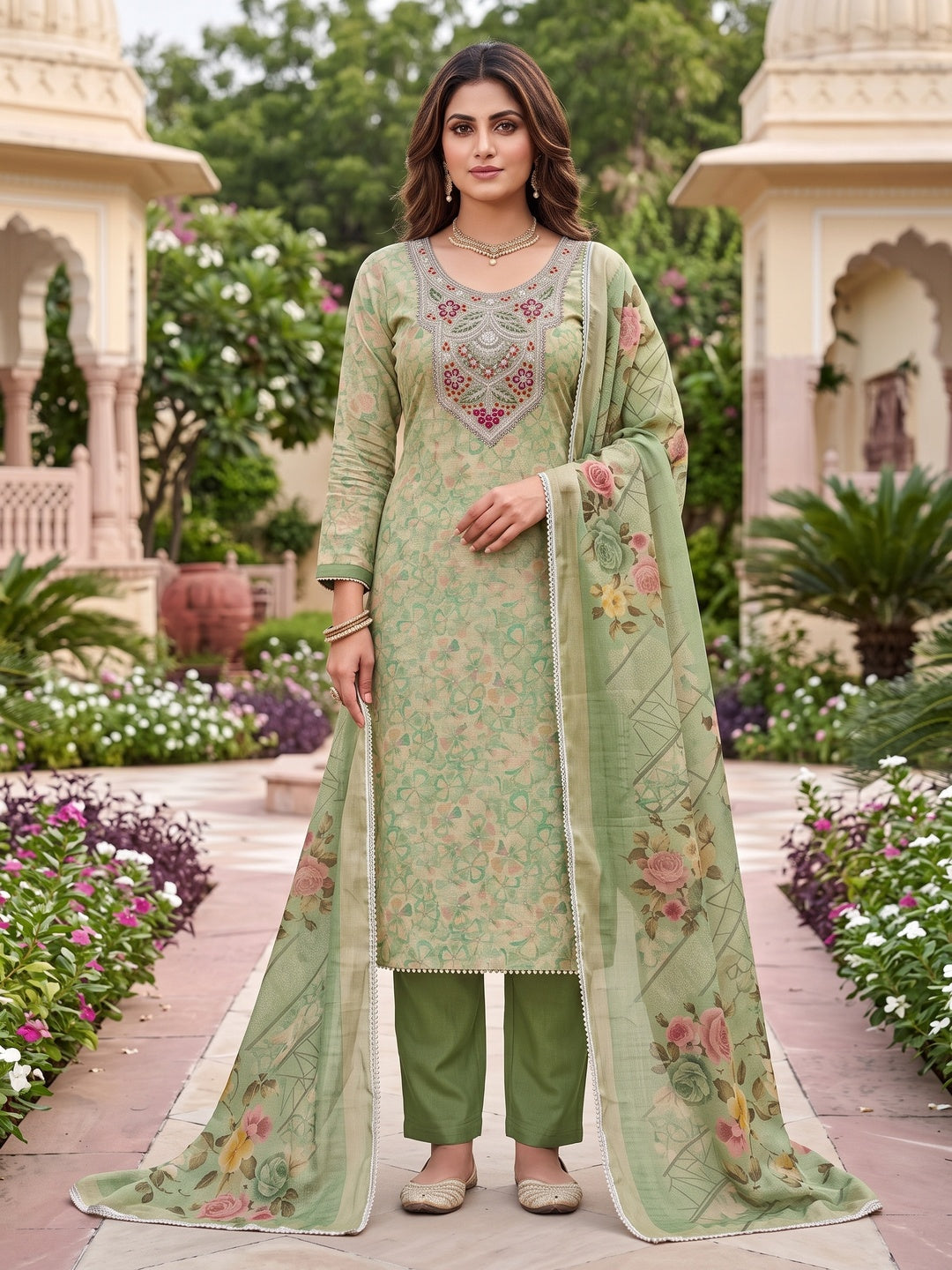 Peachmode Green Unstitched Dress Material - Image 4
