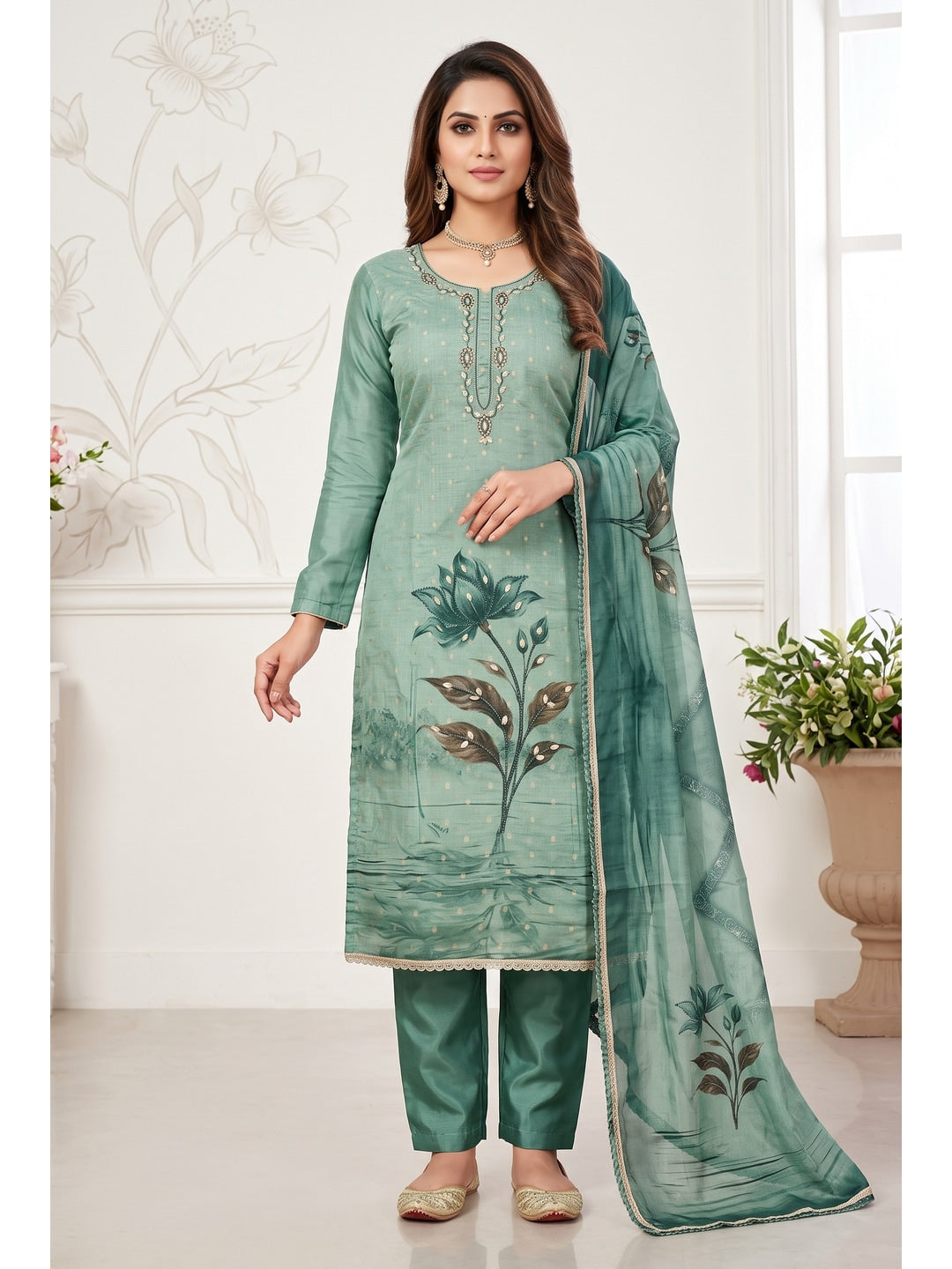 Peachmode Turquoise Unstitched Dress Material - Image 2