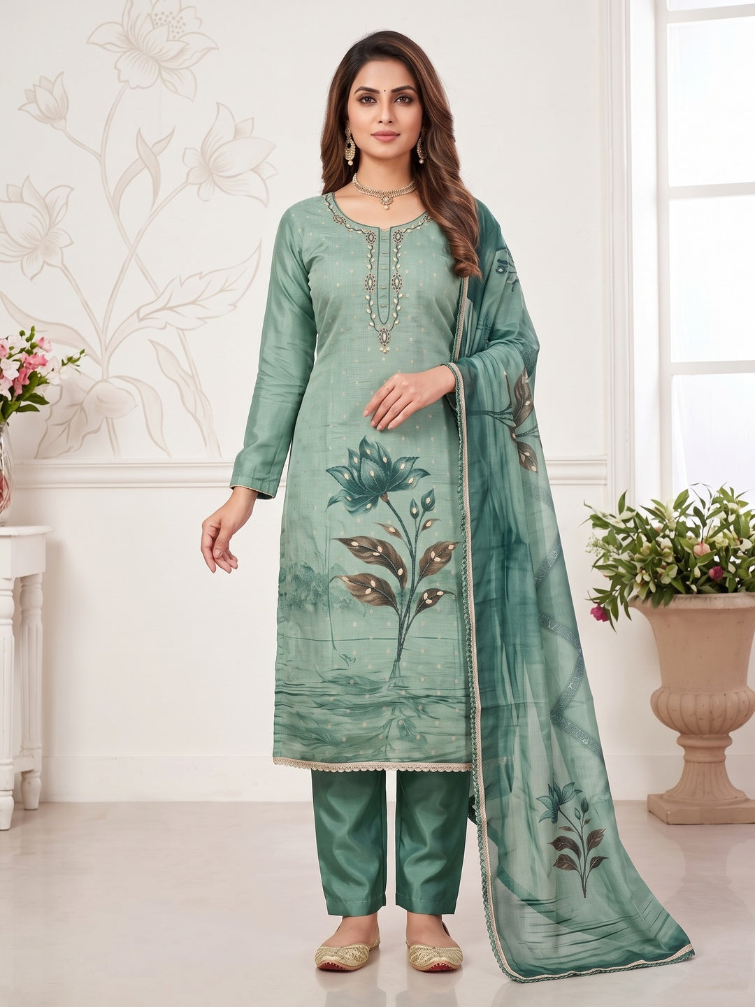 Peachmode Turquoise Unstitched Dress Material - Image 4