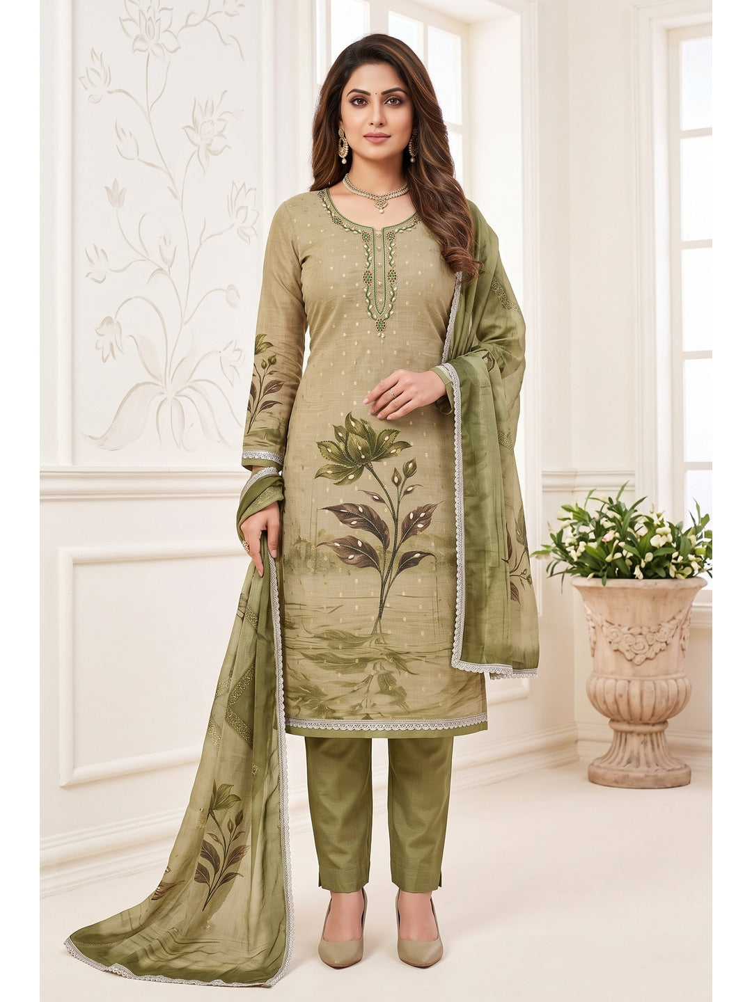 Peachmode Green Unstitched Dress Material - Image 2