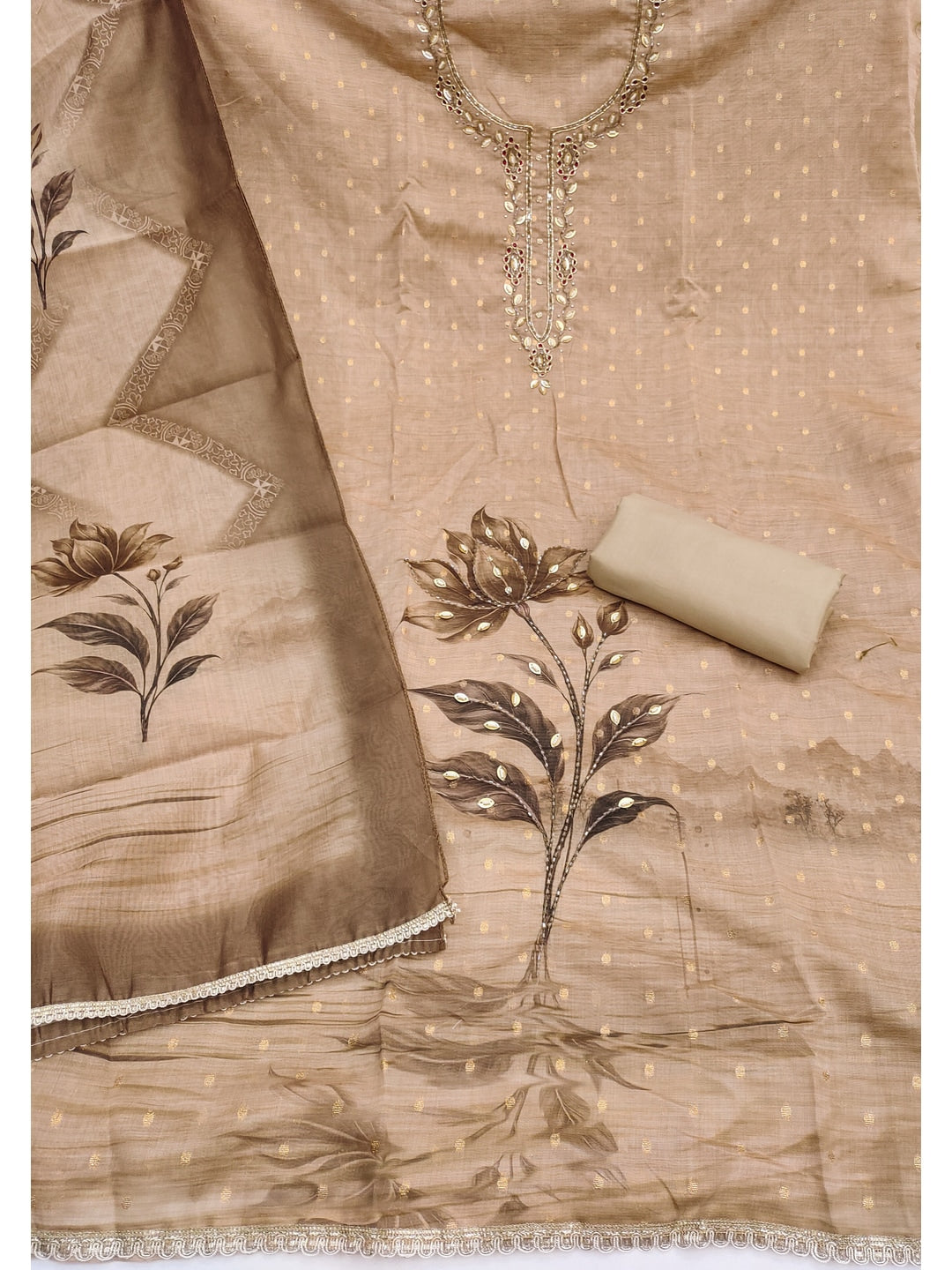 Peachmode Brown Unstitched Dress Material - Image 1