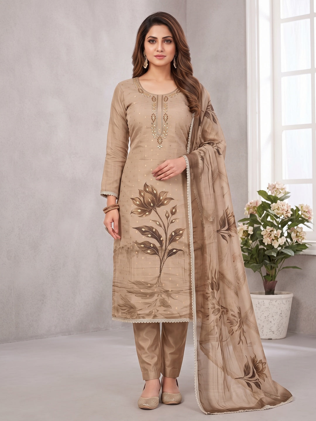 Peachmode Brown Unstitched Dress Material - Image 3