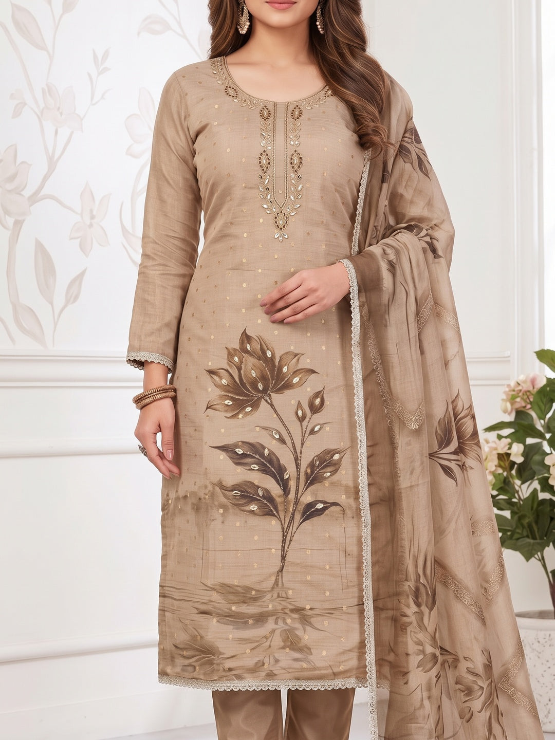 Peachmode Brown Unstitched Dress Material - Image 4