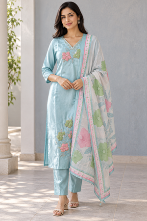 Peachmode Mint Chanderi Silk Embroidered Salwar Suit - Image 1