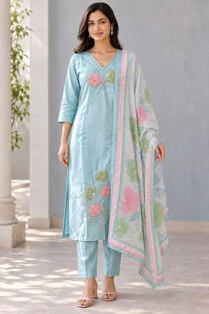 Peachmode Mint Chanderi Silk Embroidered Salwar Suit - Image 2