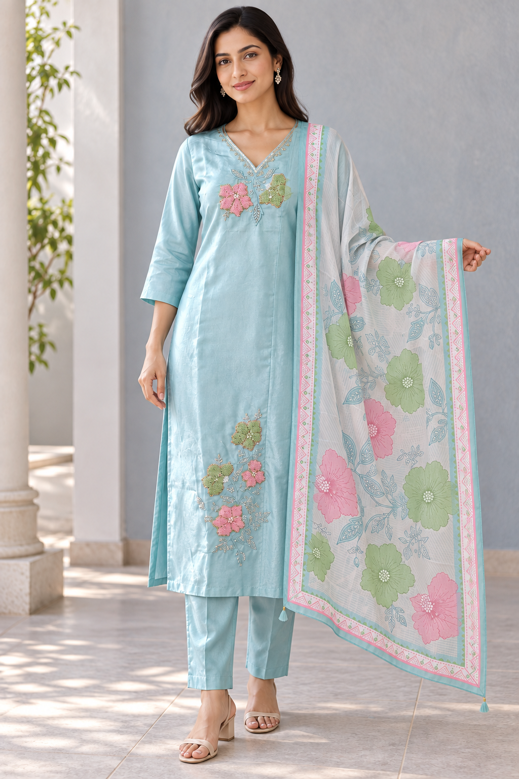 Peachmode Mint Chanderi Silk Embroidered Salwar Suit - Image 5