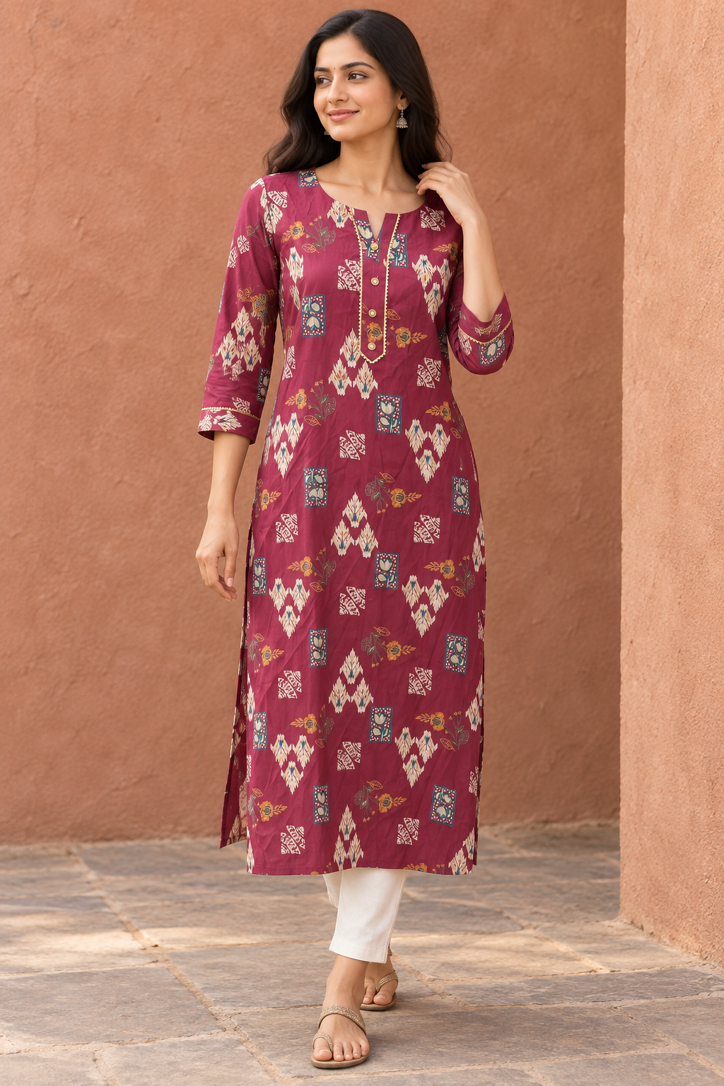 Peachmode Maroon Viscose Blend Ethnic Motif Printed Kurti - Image 1