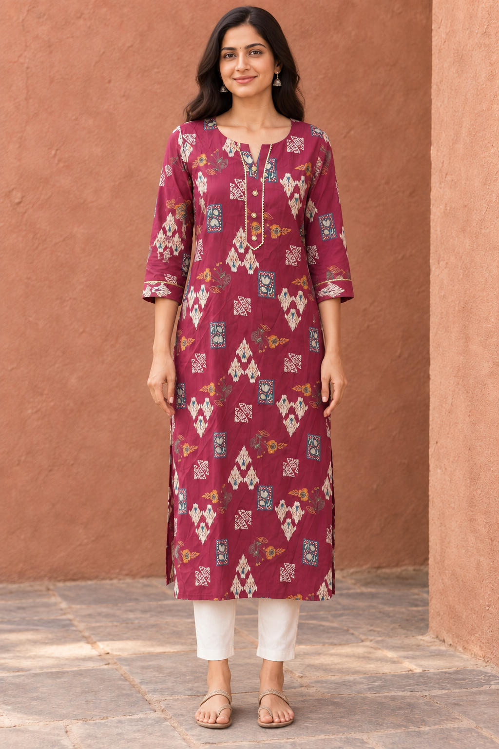 Peachmode Maroon Viscose Blend Ethnic Motif Printed Kurti - Image 2