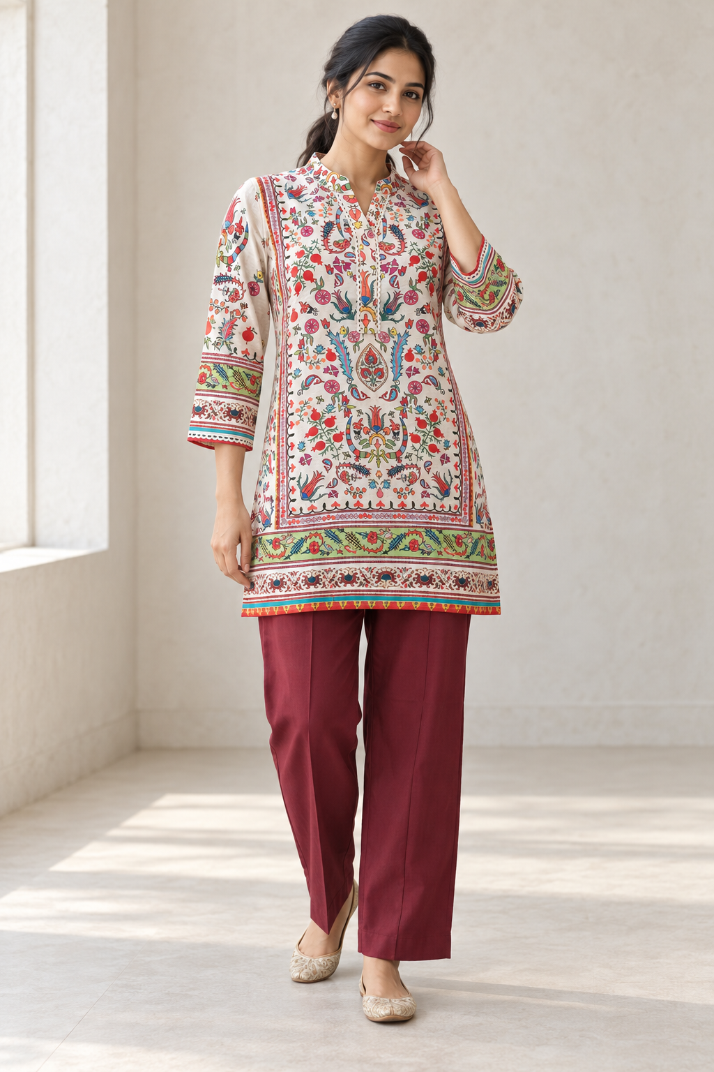 Peachmode Cream Pure Viscose Printed Co-ord Set - Image 1