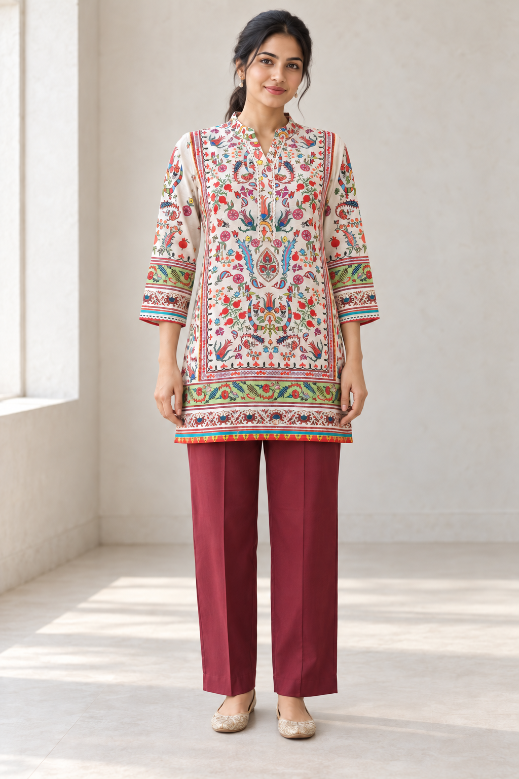Peachmode Cream Pure Viscose Printed Co-ord Set - Image 2