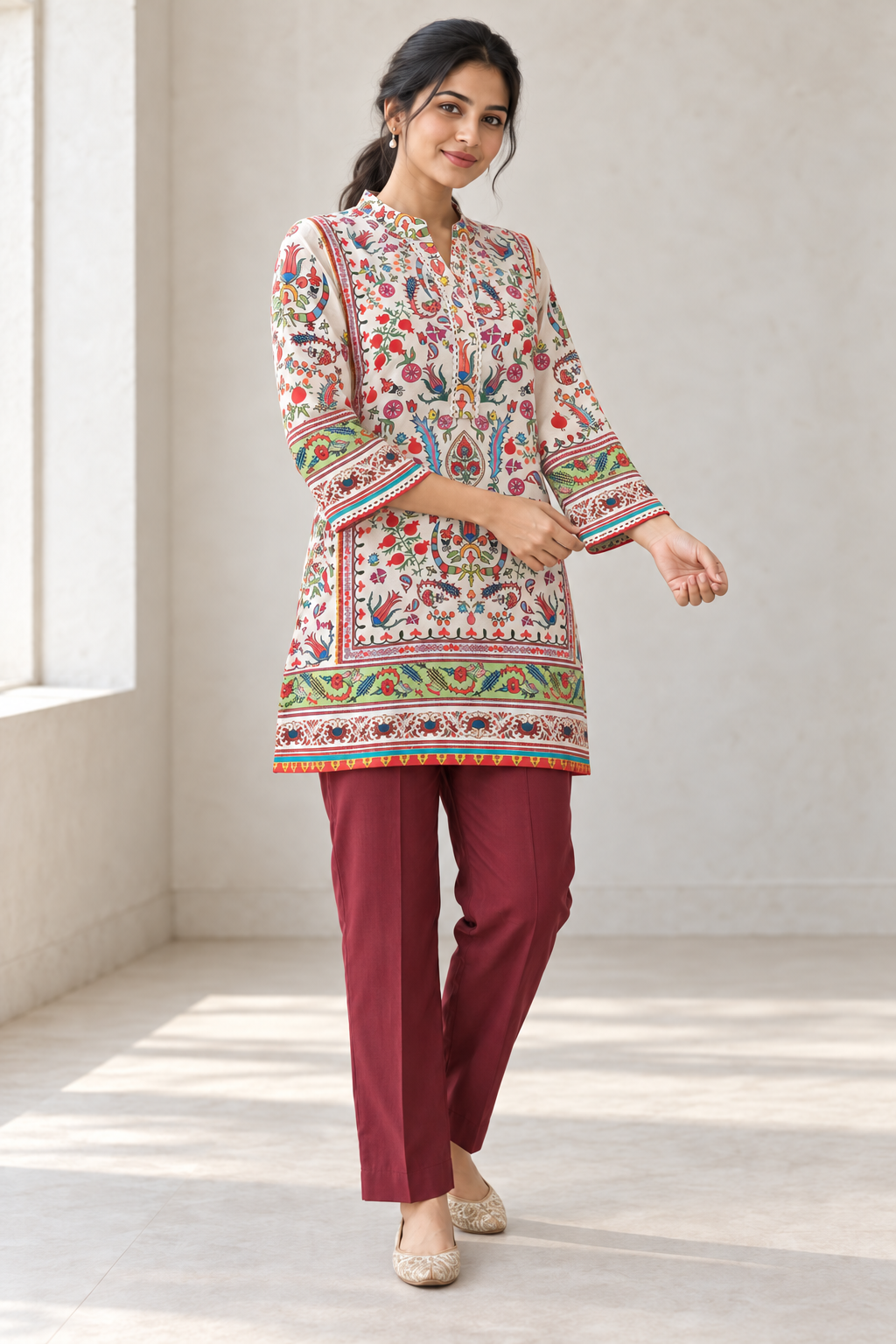 Peachmode Cream Pure Viscose Printed Co-ord Set - Image 5