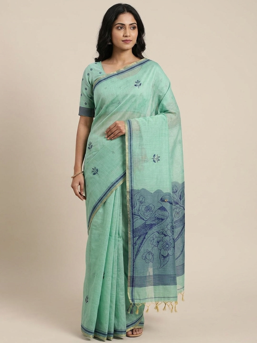 Peachmode Mint Green Jamdani Style Woven Soft Cotton Saree - Image 1