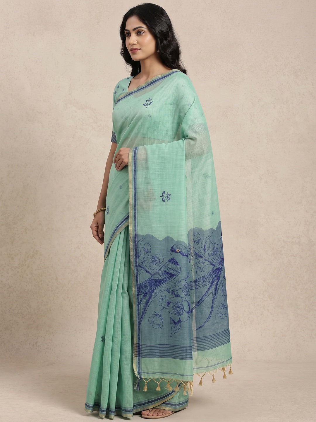 Peachmode Mint Green Jamdani Style Woven Soft Cotton Saree - Image 4