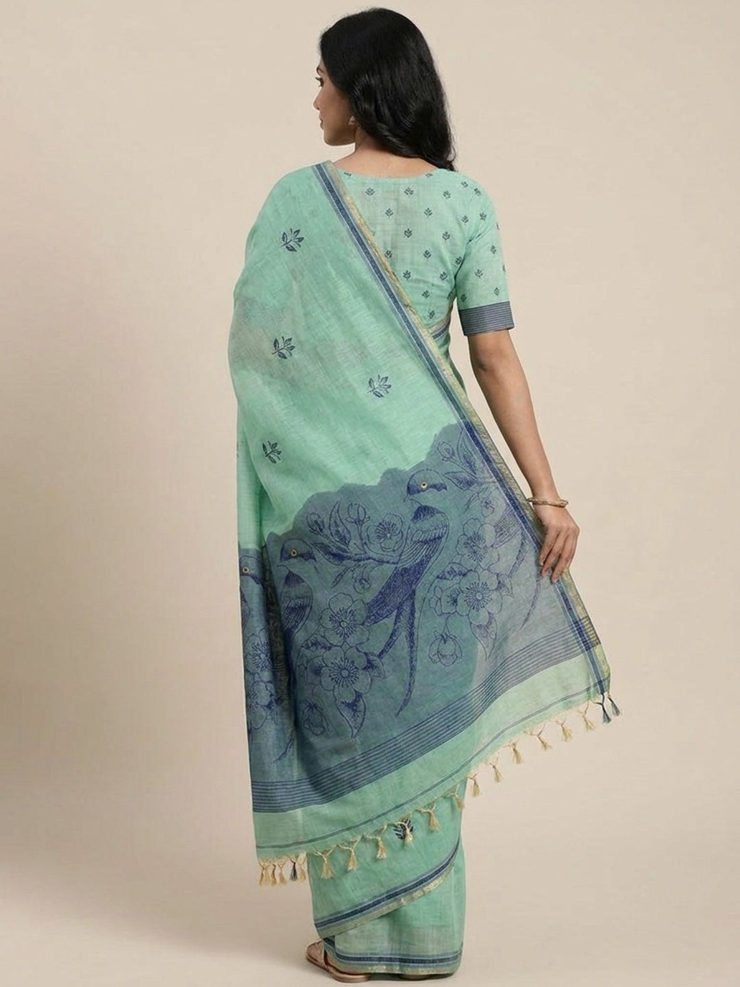 Peachmode Mint Green Jamdani Style Woven Soft Cotton Saree - Image 5