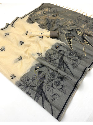 Peachmode Cream Jamdani Style Woven Soft Cotton Saree - Image 2