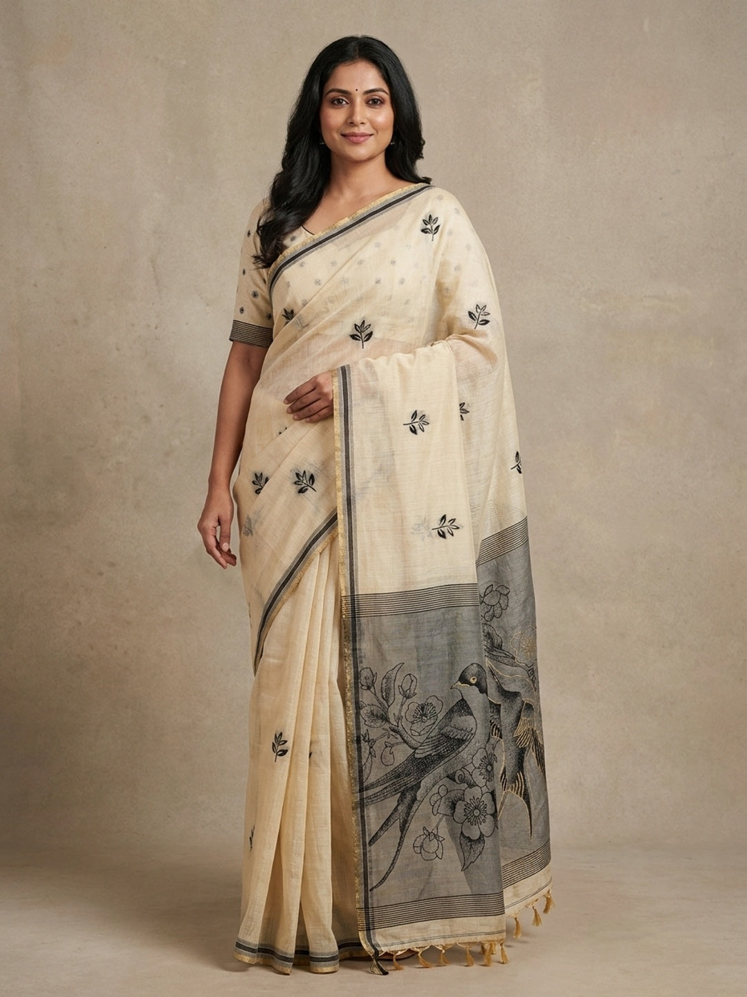 Peachmode Cream Jamdani Style Woven Soft Cotton Saree - Image 1