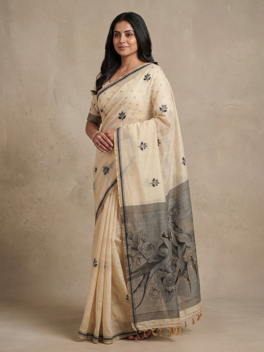 Peachmode Cream Jamdani Style Woven Soft Cotton Saree - Image 4
