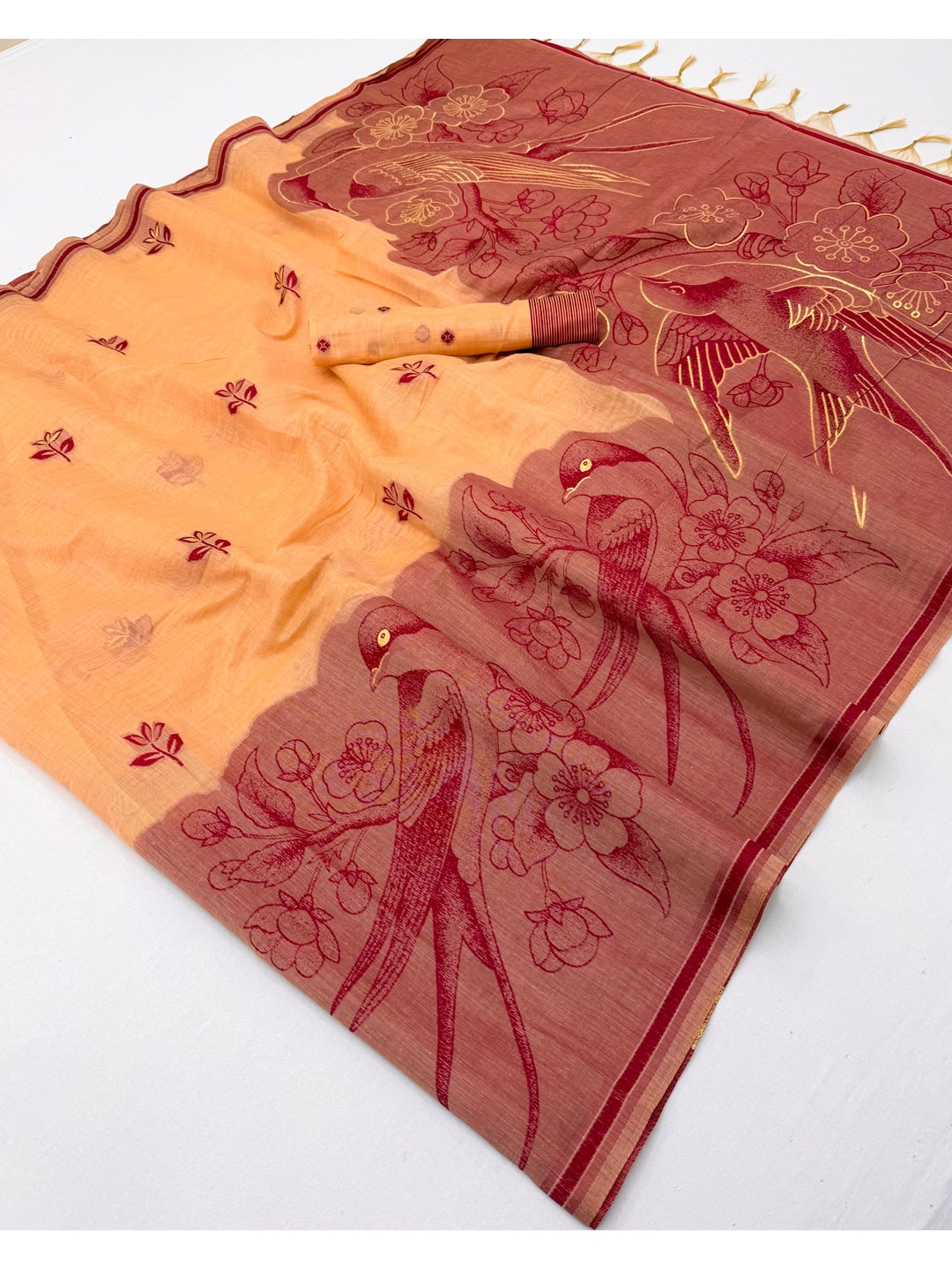 Peachmode Peach Jamdani Style Woven Soft Cotton Saree - Image 2