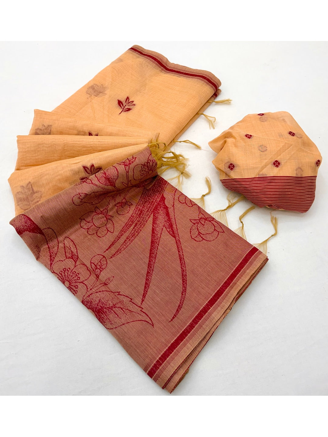 Peachmode Peach Jamdani Style Woven Soft Cotton Saree - Image 3