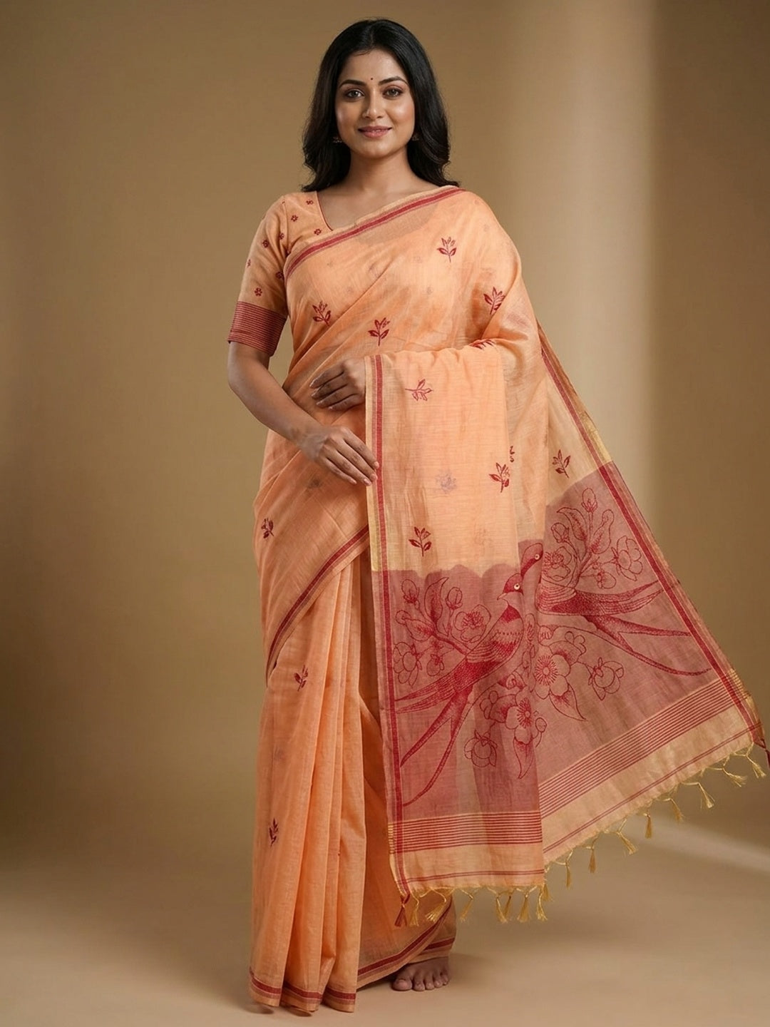 Peachmode Peach Jamdani Style Woven Soft Cotton Saree - Image 1
