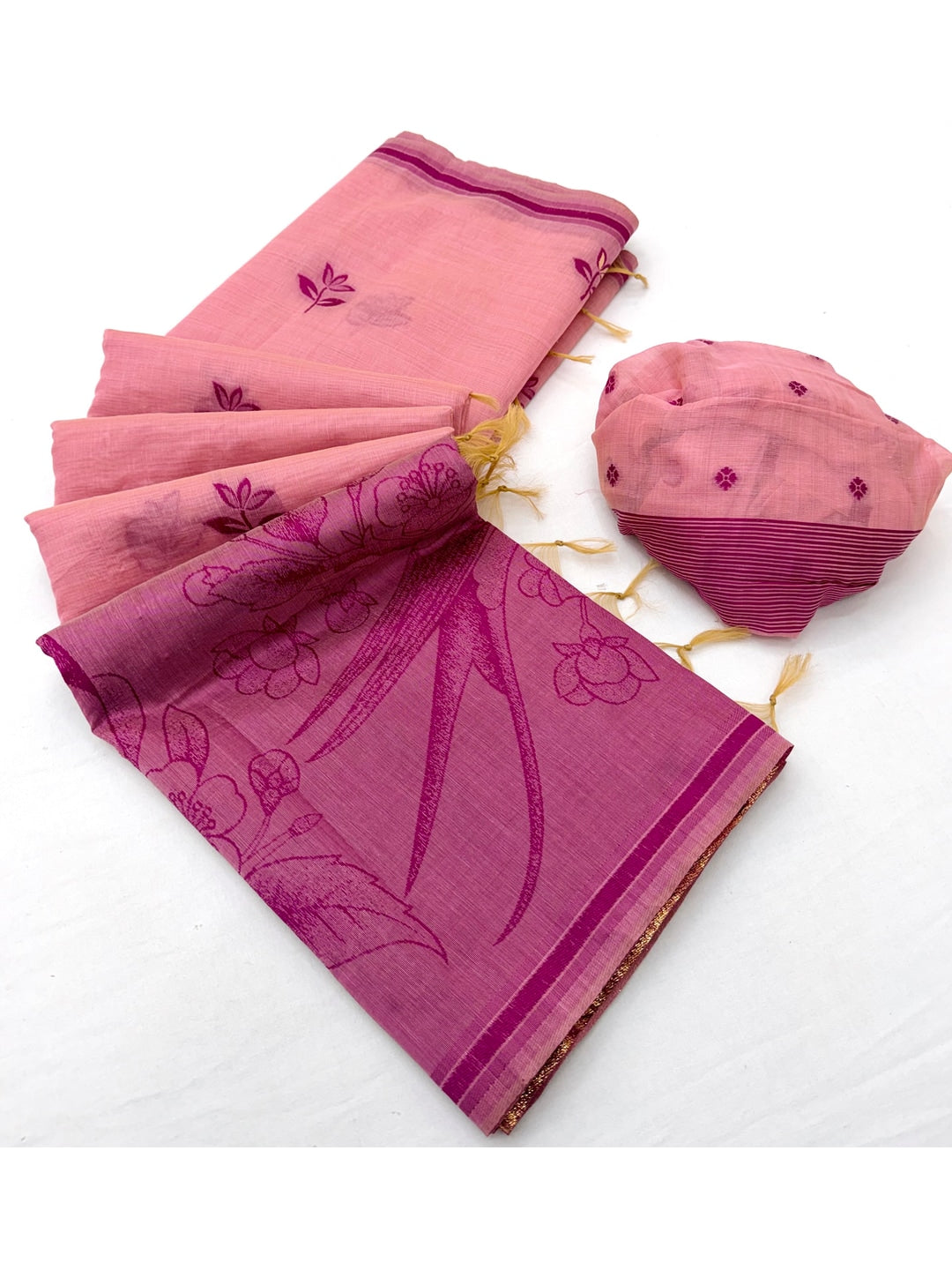 Peachmode Pink Jamdani Style Woven Soft Cotton Saree - Image 3