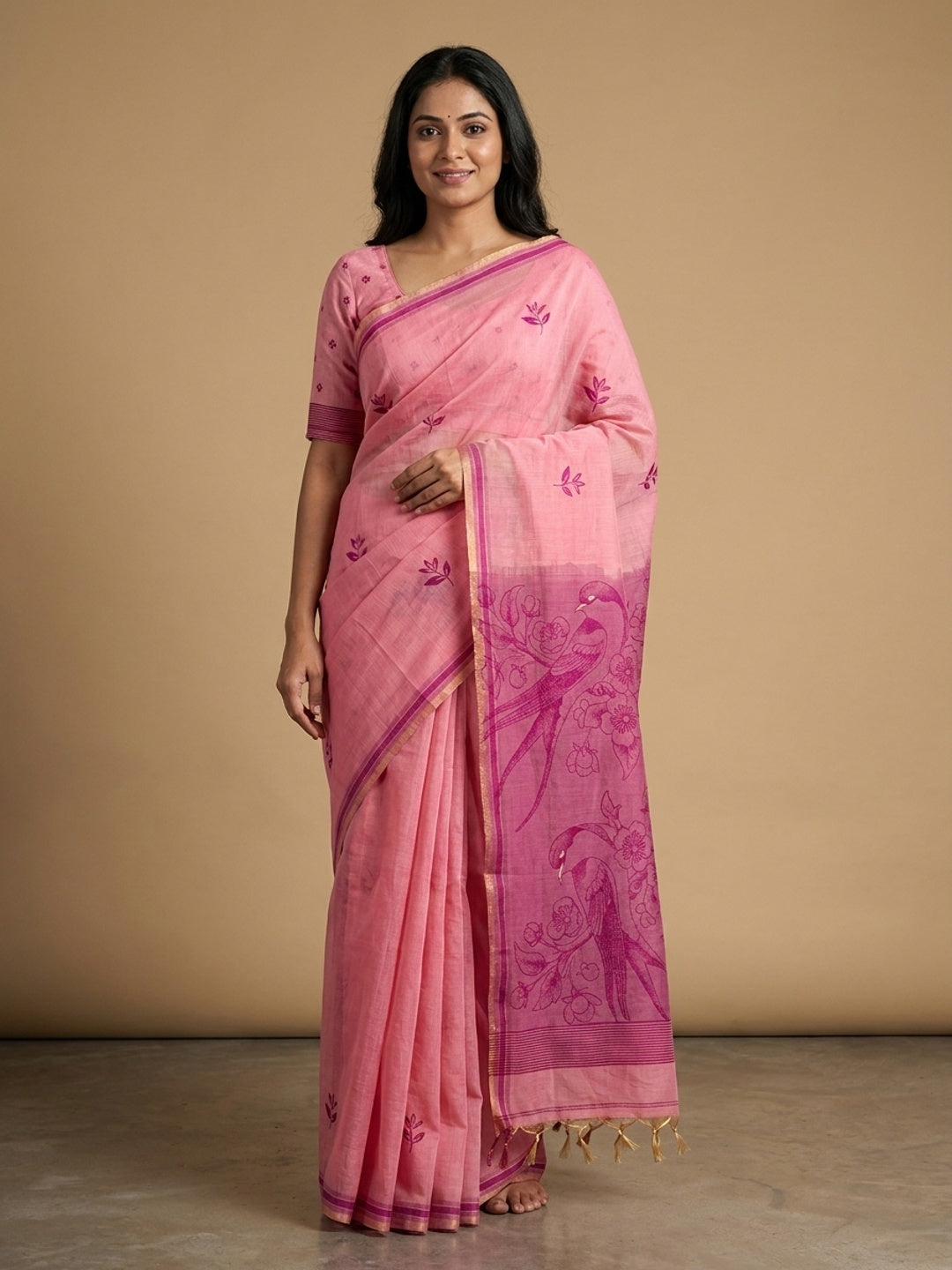 Peachmode Pink Jamdani Style Woven Soft Cotton Saree - Image 1