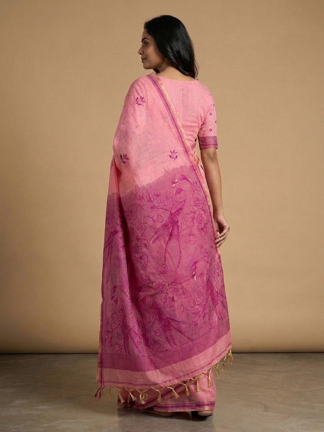 Peachmode Pink Jamdani Style Woven Soft Cotton Saree - Image 5