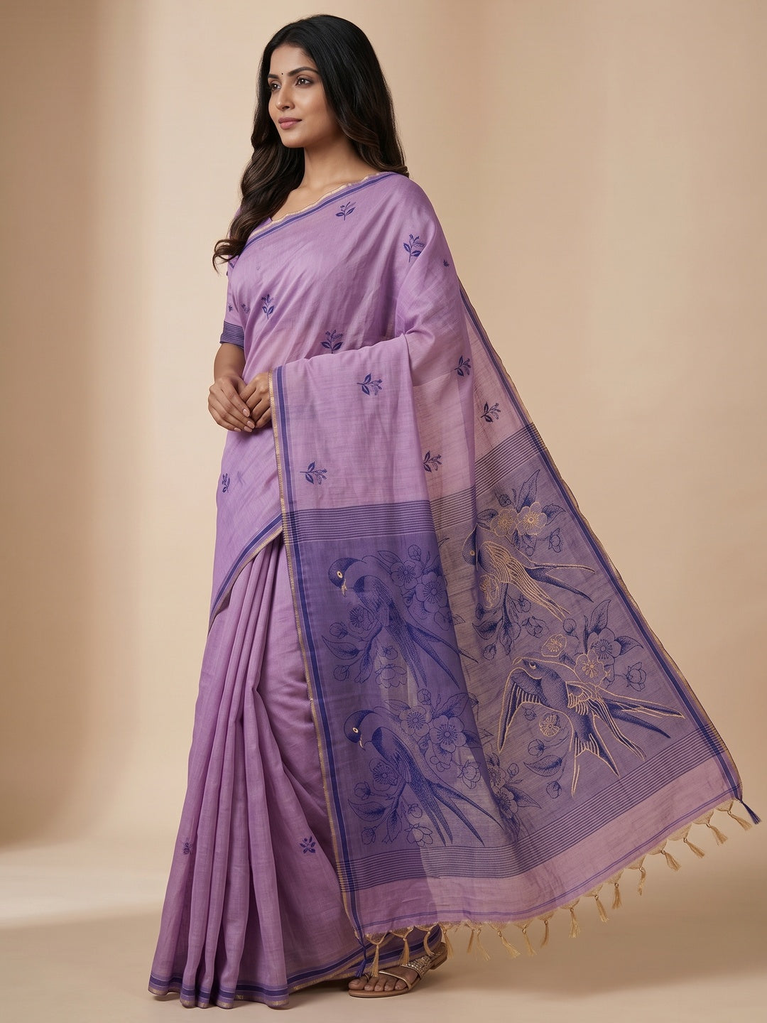 Peachmode Lavender Jamdani Style Woven Soft Cotton Saree - Image 4
