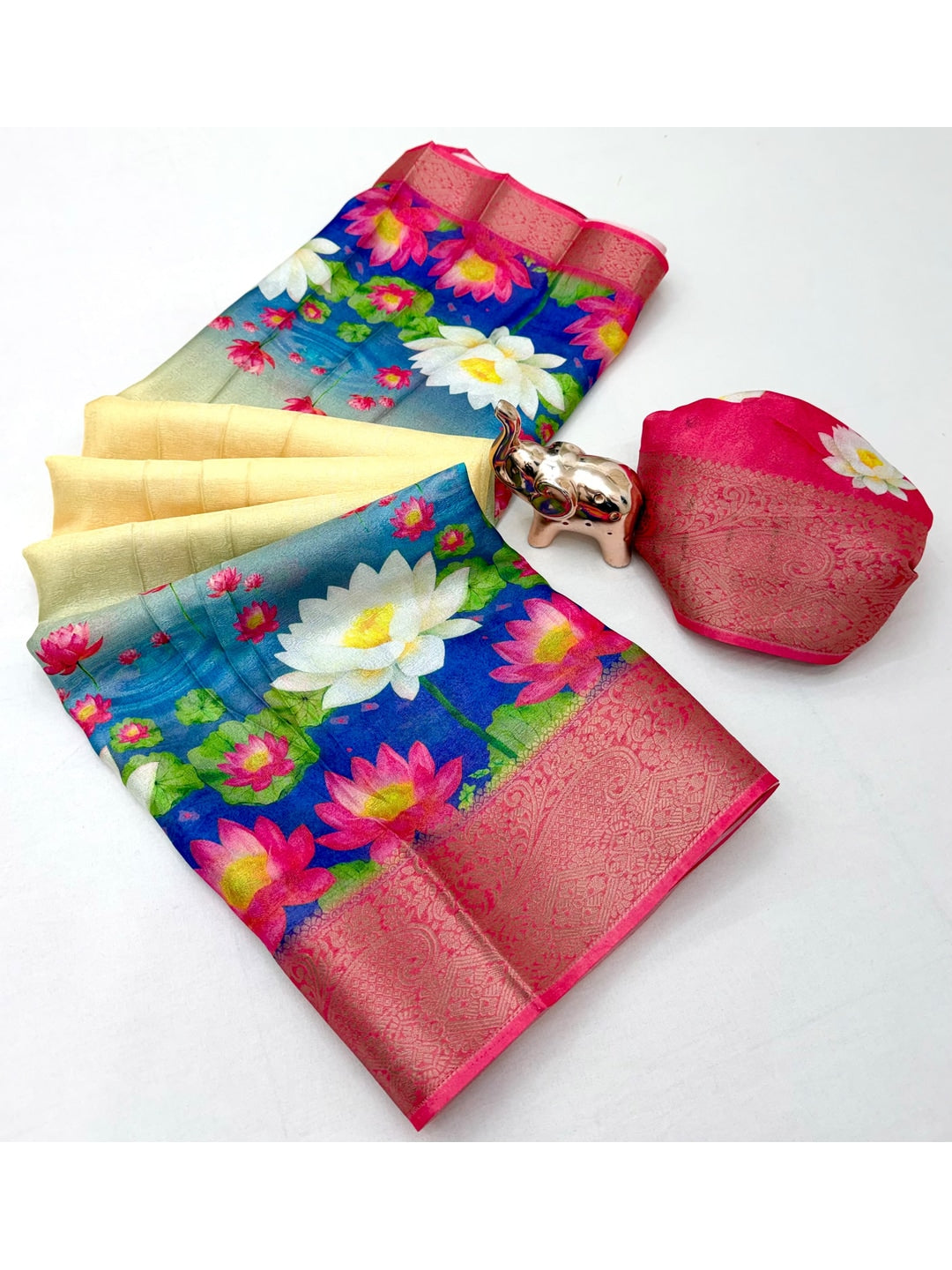 Peachmode Cream Yellow Folk Digital Printed Jacquard Saree With Woven Butti - Image 4