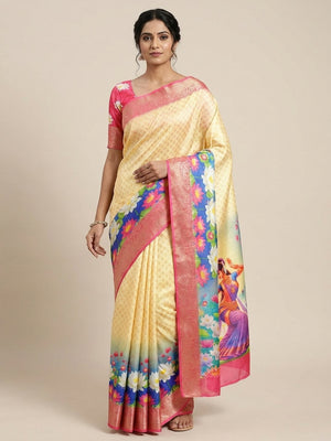 Peachmode Cream Yellow Folk Digital Printed Jacquard Saree With Woven Butti - Image 1