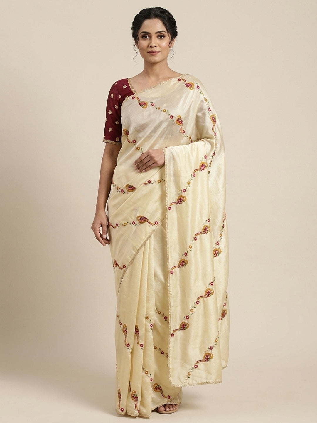 Peachmode Cream Bird Floral Embroidered Viscose Rangoli Saree - Image 1
