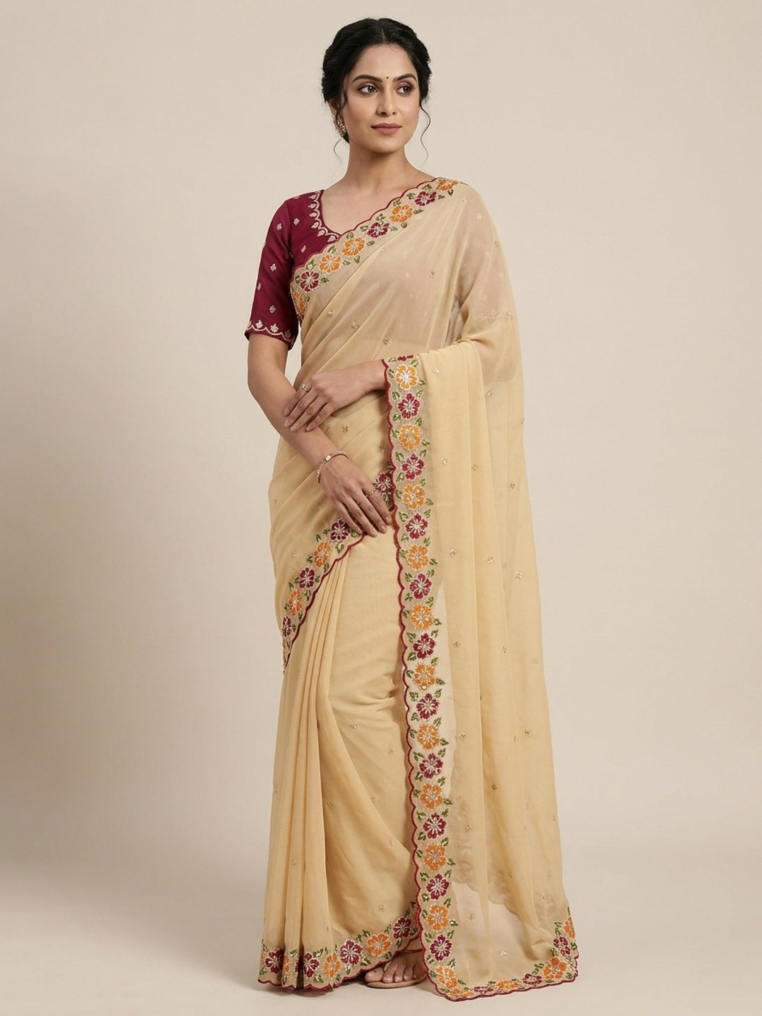 Peachmode Cream Floral Embroidered Georgette Saree - Image 1