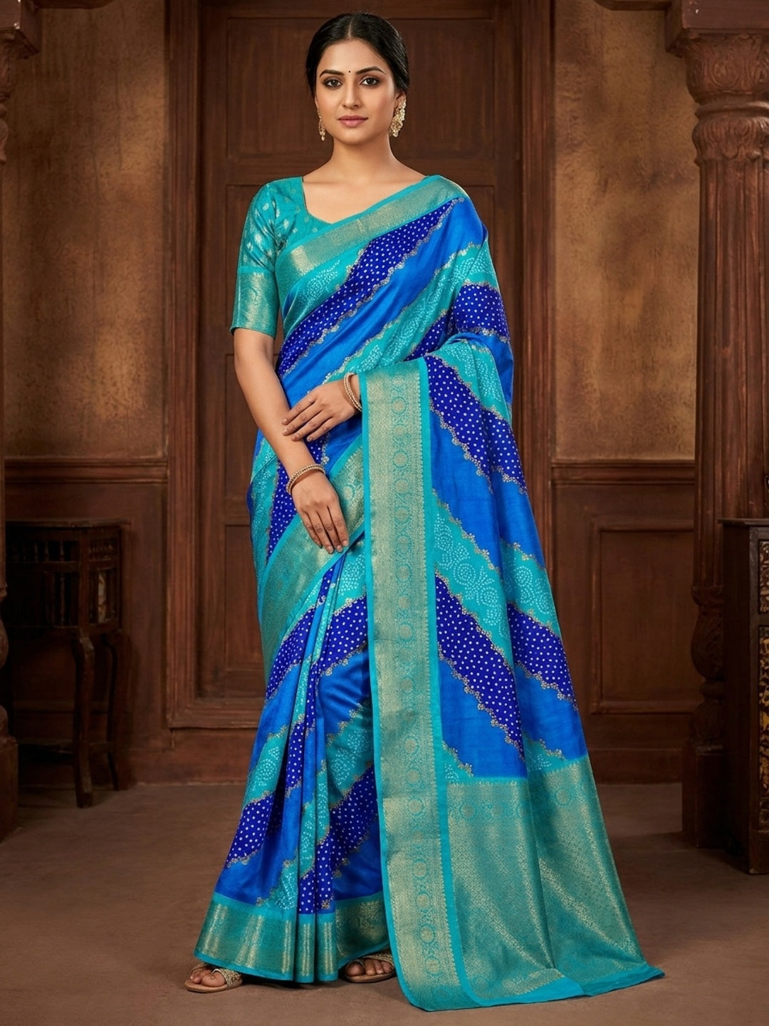 Peachmode Turquoise Blue Lahariya Zari Woven Dola Silk Saree - Image 1