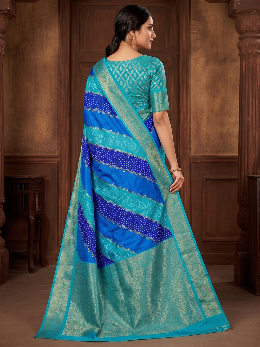 Peachmode Turquoise Blue Lahariya Zari Woven Dola Silk Saree - Image 4