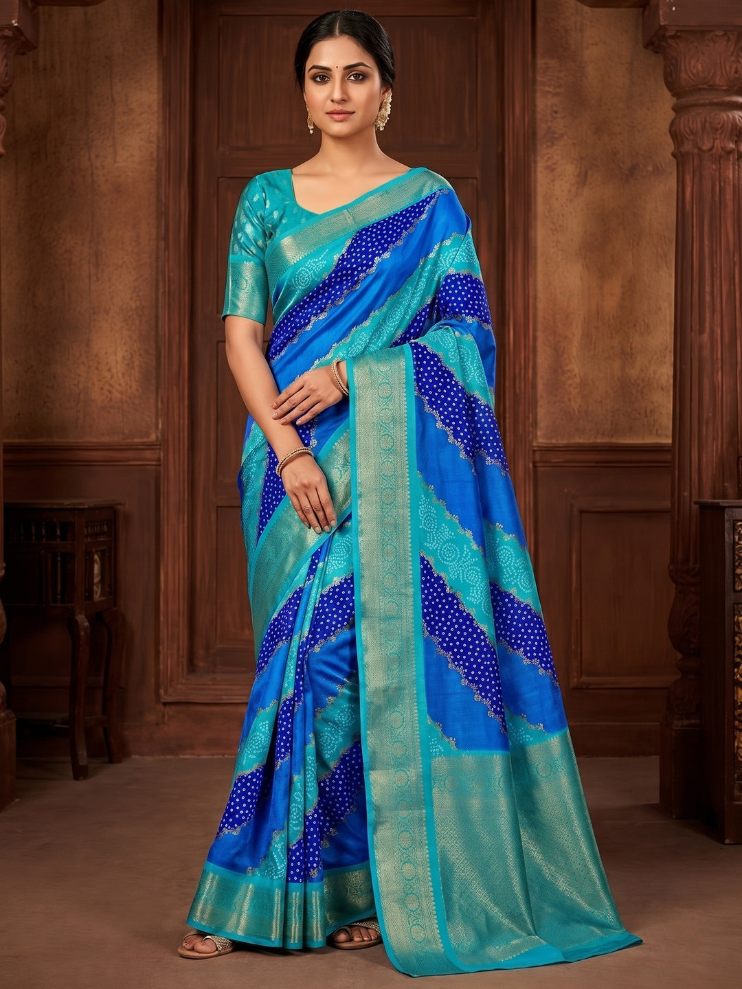 Peachmode Turquoise Blue Lahariya Zari Woven Dola Silk Saree - Image 5