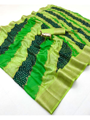 Peachmode Lime Green Lahariya Zari Woven Dola Silk Saree - Image 2