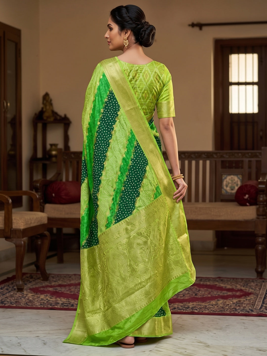 Peachmode Lime Green Lahariya Zari Woven Dola Silk Saree - Image 4