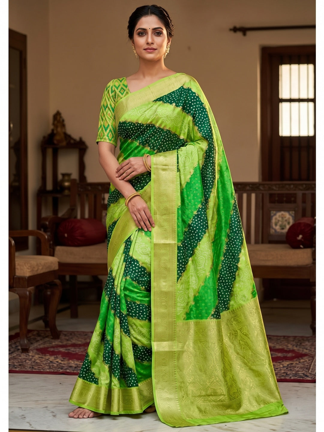 Peachmode Lime Green Lahariya Zari Woven Dola Silk Saree - Image 5
