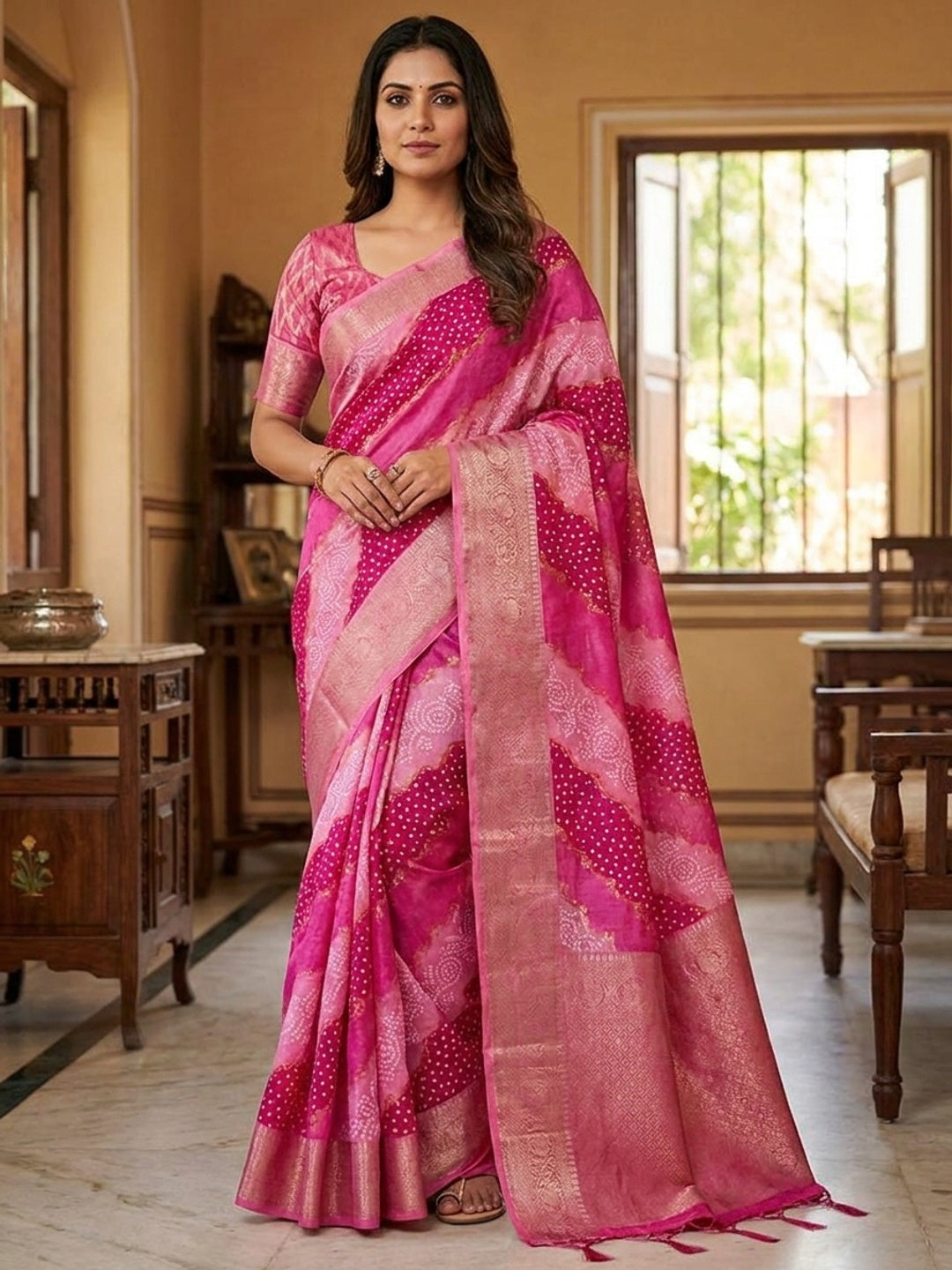 Peachmode Magenta Pink Lahariya Zari Woven Dola Silk Saree - Image 1