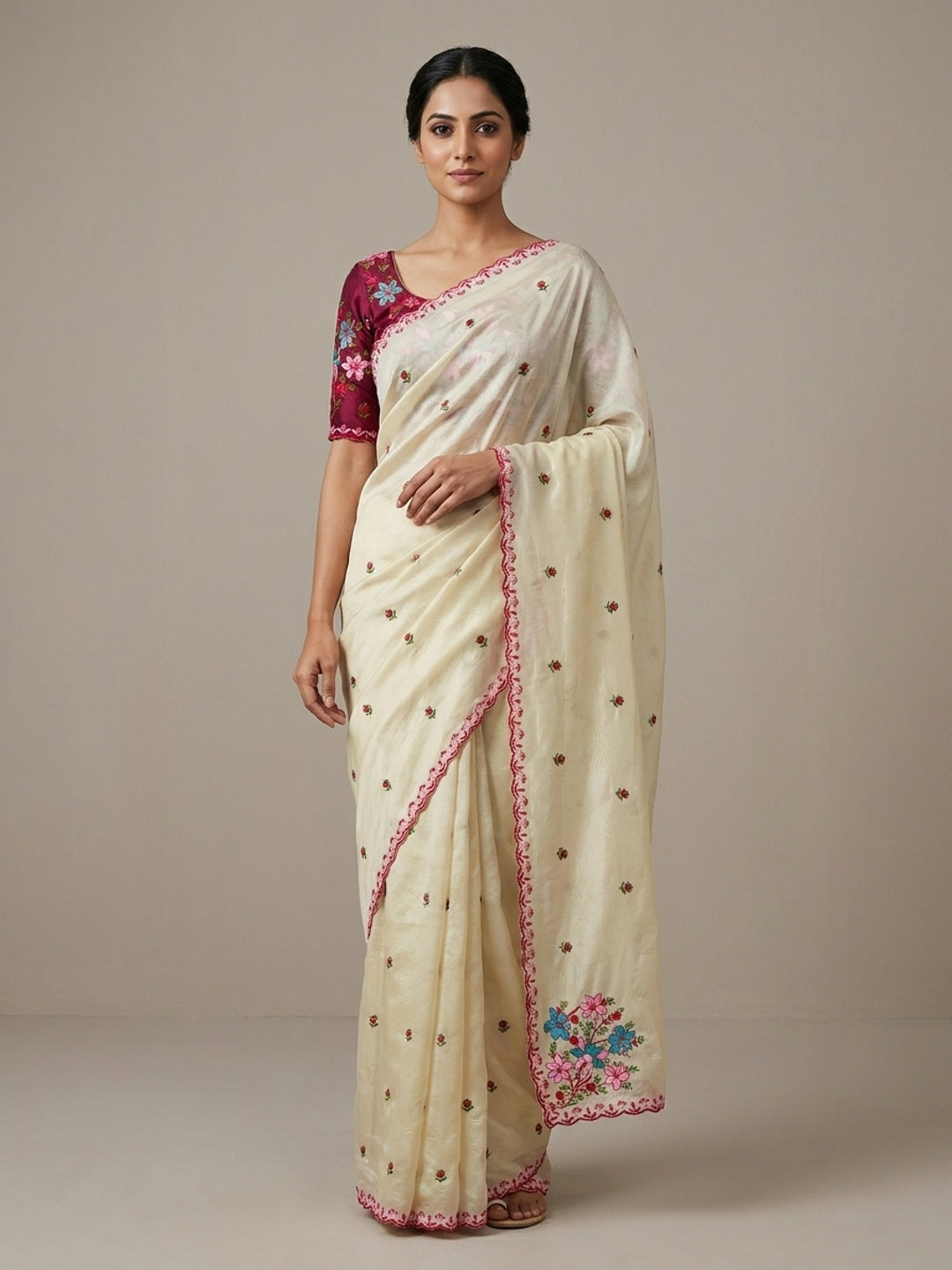 Peachmode Cream Rose Floral Embroidered Viscose Rangoli Saree - Image 1