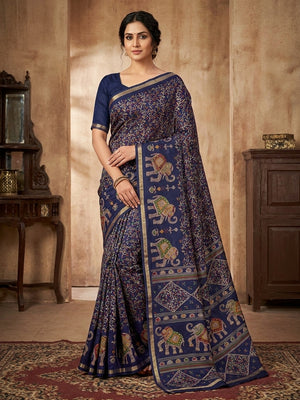 Peachmode Navy Blue Elephant Motif Digital Printed Tussar Silk Saree - Image 1