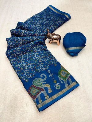 Peachmode Turquoise Elephant Motif Digital Printed Tussar Silk Saree - Image 2