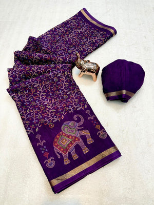 Peachmode Purple Elephant Motif Digital Printed Tussar Silk Saree - Image 2