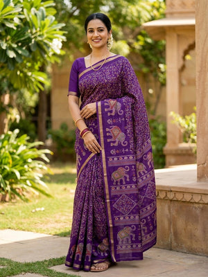 Peachmode Purple Elephant Motif Digital Printed Tussar Silk Saree - Image 1