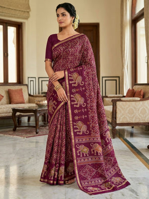 Peachmode Wine Elephant Motif Digital Printed Tussar Silk Saree - Image 1