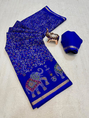 Peachmode Royal Blue Elephant Motif Digital Printed Tussar Silk Saree - Image 2