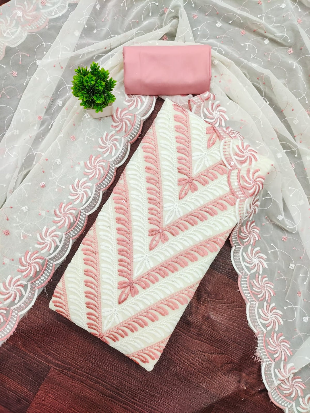 Pink Georgette Embroidered Unstitched Dress Material - Image 1