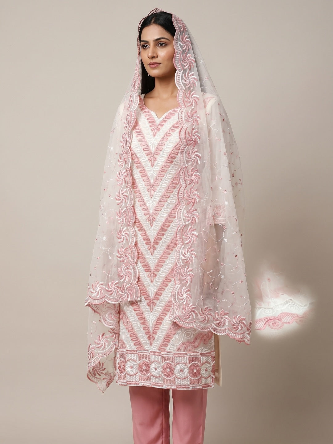 Pink Georgette Embroidered Unstitched Dress Material - Image 2