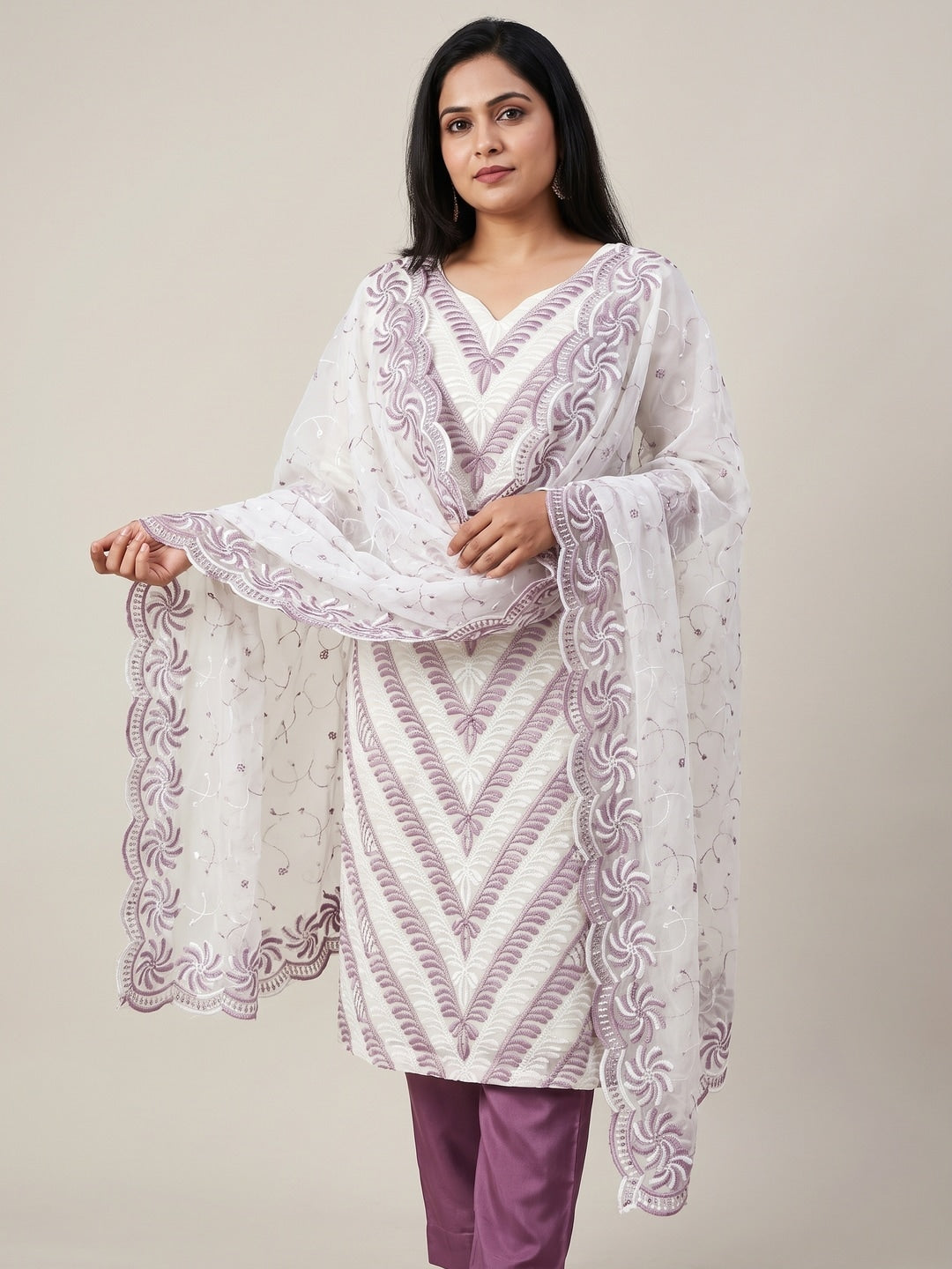 Lavender Georgette Embroidered Unstitched Dress Material - Image 2