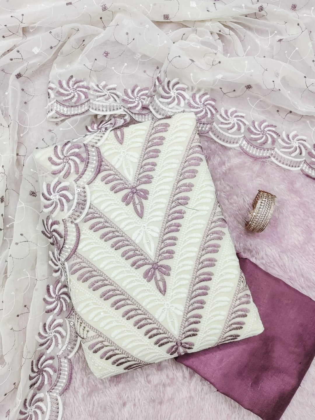 Lavender Georgette Embroidered Unstitched Dress Material - Image 3